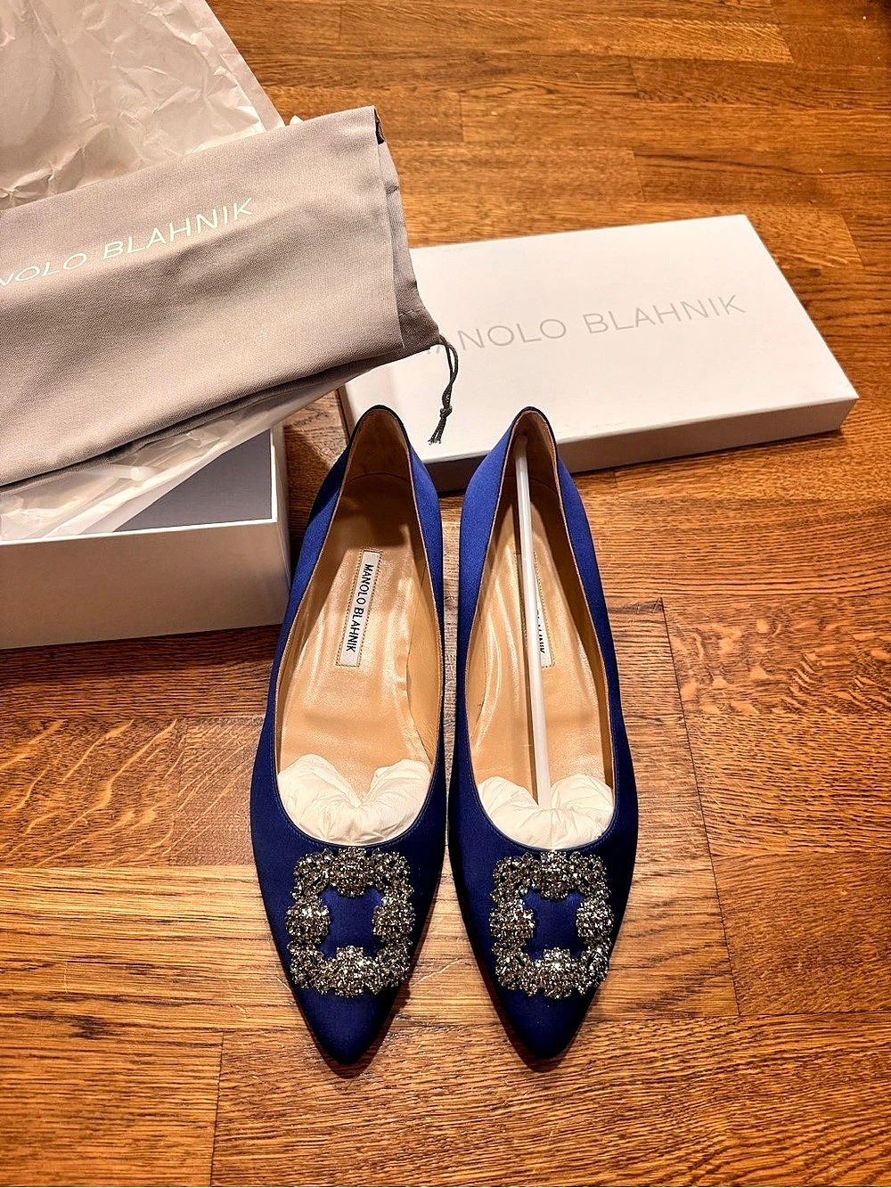 Manolo Blahnik Hangisi Satin Crystal-Buckle Flat Blue Heels EU 40